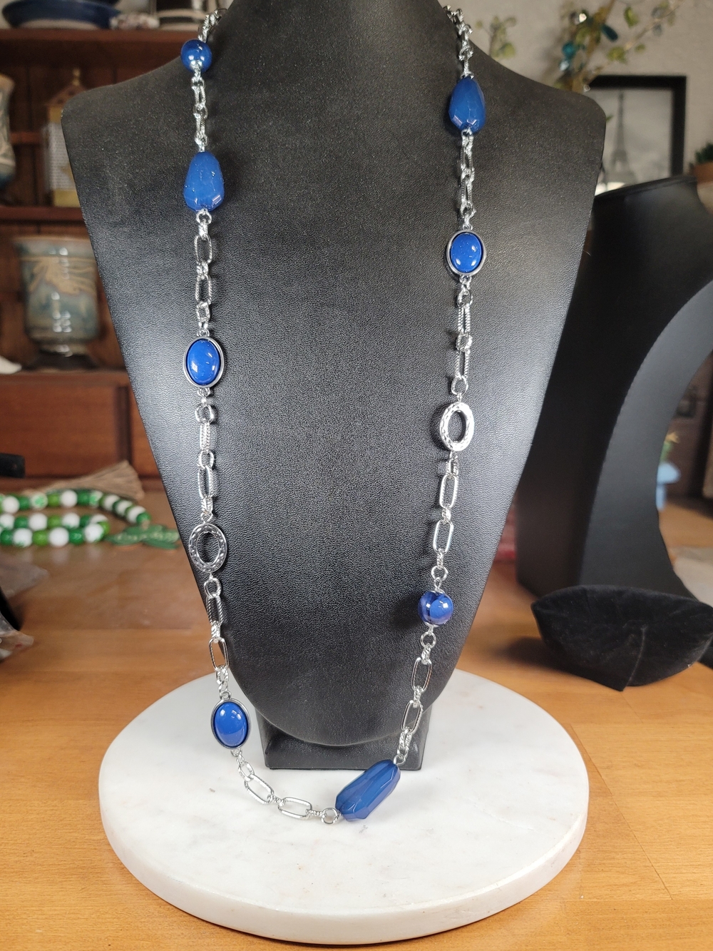 paparazzi Blue Bead and Silver Link Long Necklace